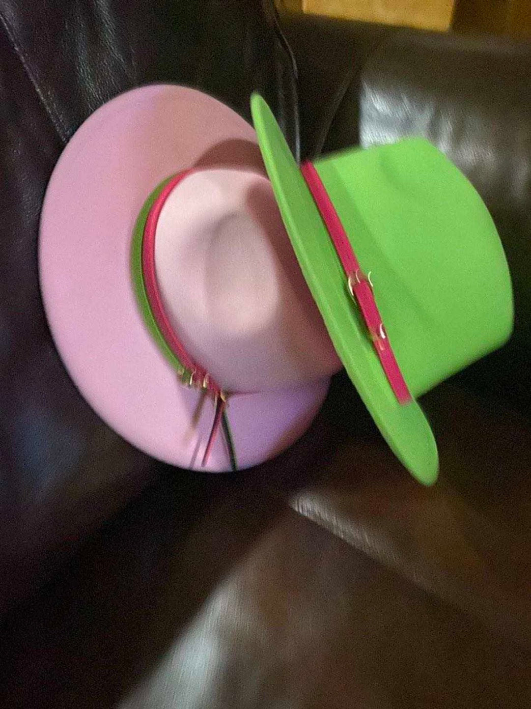 GR - Green Top Fedora Hat (Pink-Bottom)