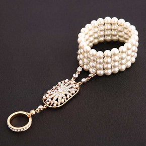 Gold Pearl Bracelet Ring with Faux Crystals